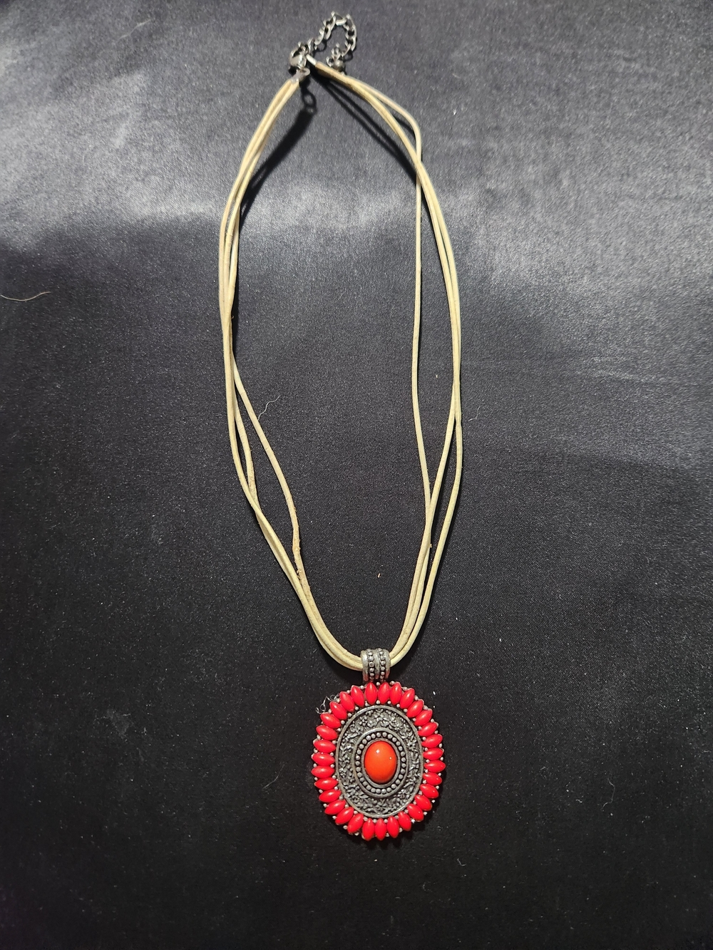 Laila Rowe Statement Red Oval Pendant Necklace with Beige Multi-Strand Cord